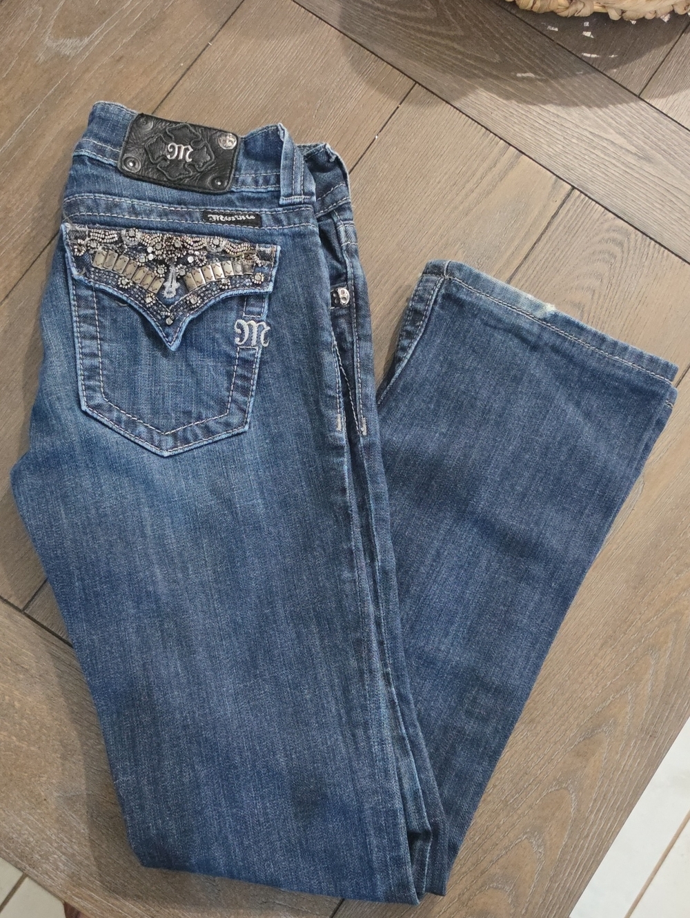 Miss Me Blue Denim Boot Cut Jeans with Embellished Back Pocket 27 (More Like 25)